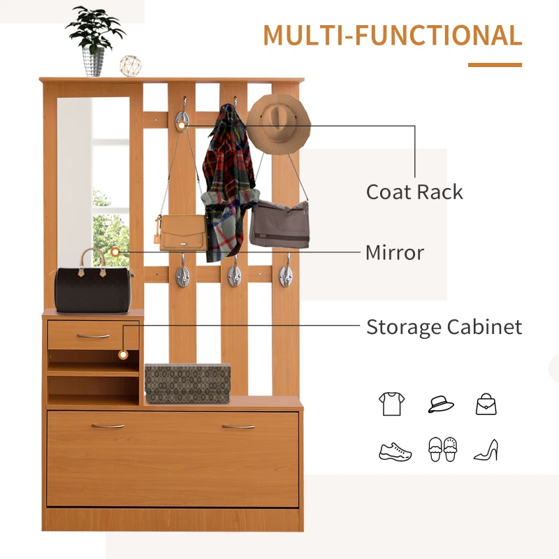 HOMCOM Entryway Coat and Shoe Rack, 6 Hooks Coat Rack Mirror Shelves Chest Multiple Clothes Hangers Organiser Oak