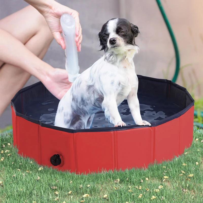 PawHut Foldable Dog Paddling Pool Pet Cat Swimming Pool Indoor/Outdoor Collapsible Summer Bathing Tub Shower Tub Puppy Washer (Φ80 × 20H cm, Red)