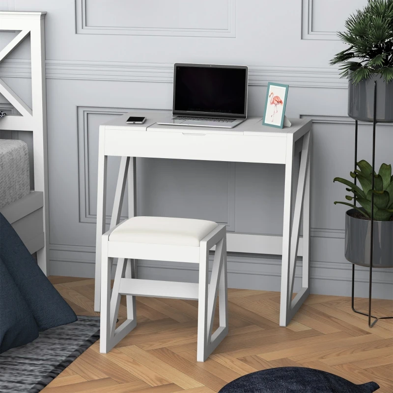 HOMCOM Dressing Table Set with Flip Top Mirror and Cushioned Stool, Makeup Vanity Table Writing Desk with Storage Grids for Bedroom, White