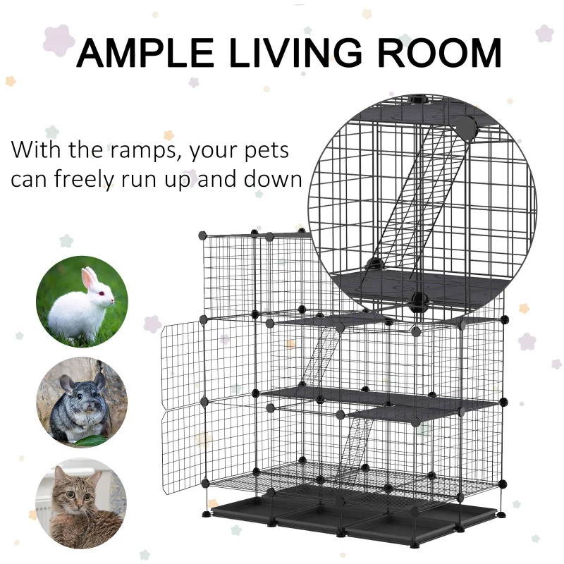 PawHut 3 Level DIY Pet Playpen Metal Small Animal Cage Rabbit Ferret Chinchillas Cage 4 Doors Bottom Trays Black