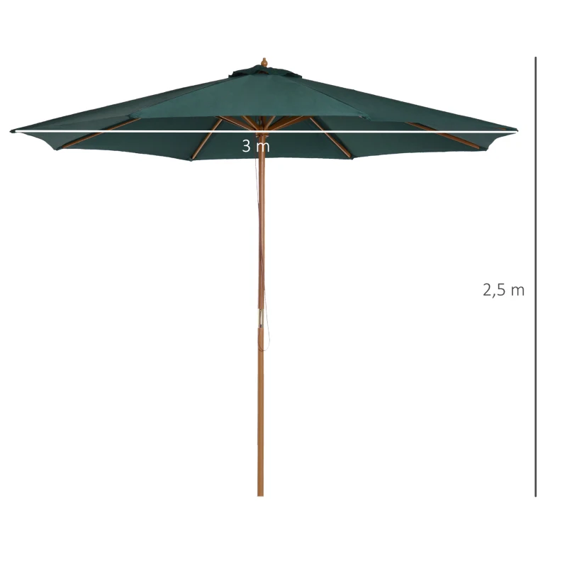 Outsunny Chapéu de Sol Ø300x250cm Chapéu de Sol com Mastro de Madeira com 8 Hastes Sistema de Polia com Fixação Verde