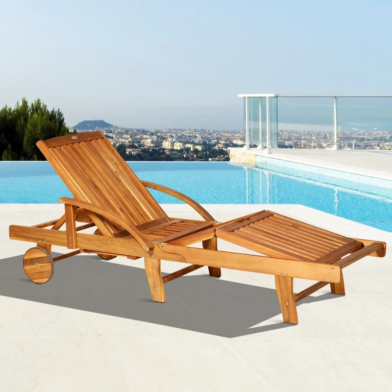 Outsunny Folding Wooden Sun Lounger, 4-Level Adjustable Garden Lounger Recliner with Side Tray and Wheels, Outdoor Reclining Sunbed with Slatted Seat and Armrests for Patio, Terrace, Teak