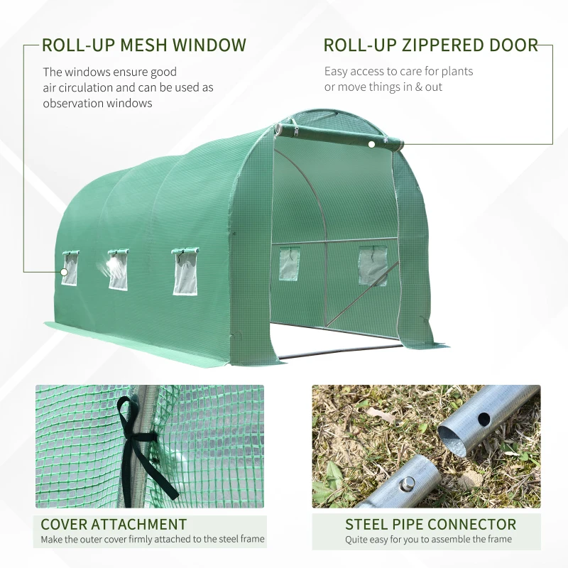 Outsunny 4 x 2 x 2 m Polytunnel Greenhouse with Roll-up Door and 6 Mesh Windows, Walk-in Garden Tunnel Warm House Tent with UV-resistant PE Cover and Galvanised Steel Frame, Green