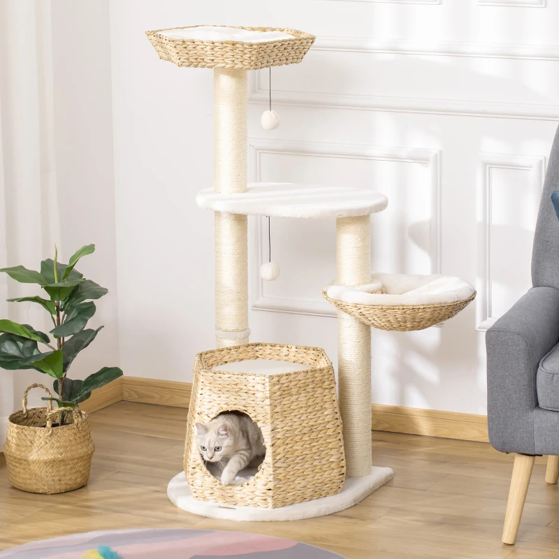 PawHut Cat Tree Tower Climbing Activity Center Kitten Furniture with Cattail Fluff Bed Condo Sisal Scratching Post Hanging Ball 50 x 50 x 119cm Natural