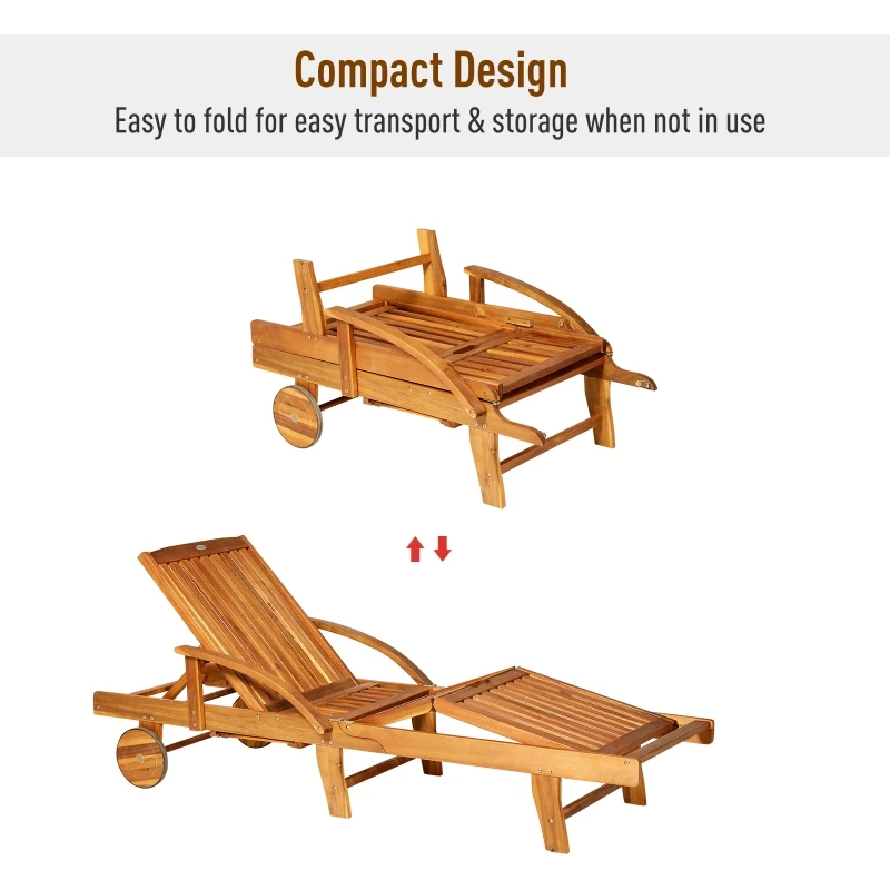 Outsunny Folding Wooden Sun Lounger, 4-Level Adjustable Garden Lounger Recliner with Side Tray and Wheels, Outdoor Reclining Sunbed with Slatted Seat and Armrests for Patio, Terrace, Teak