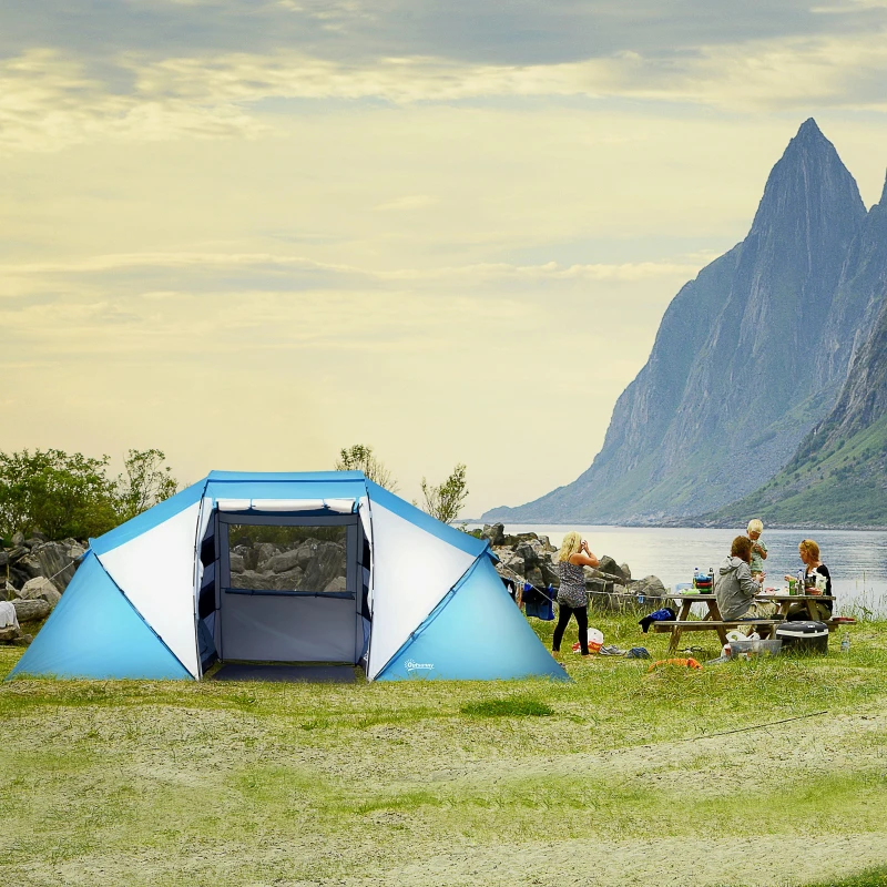 OUTSUNNY 4 Man Dome Tent Water Resistant Camping Hiking Shelter UV Protection Tunnel Sun Shade Blue and White