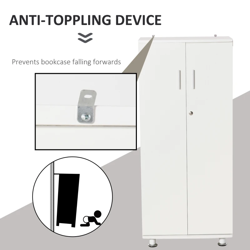 HOMCOM 3-Tier Bookcase Display Shelf Unit with Steel Leg Lock Door Home Furniture Study Office Living Room Bedroom White