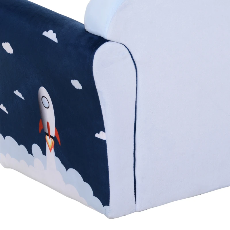 HOMCOM Children's Armchair Flannel Kids Sofa Tub Chair Cartoon Rocket Pattern Wooden Frame Bedroom Playroom Seater Blue