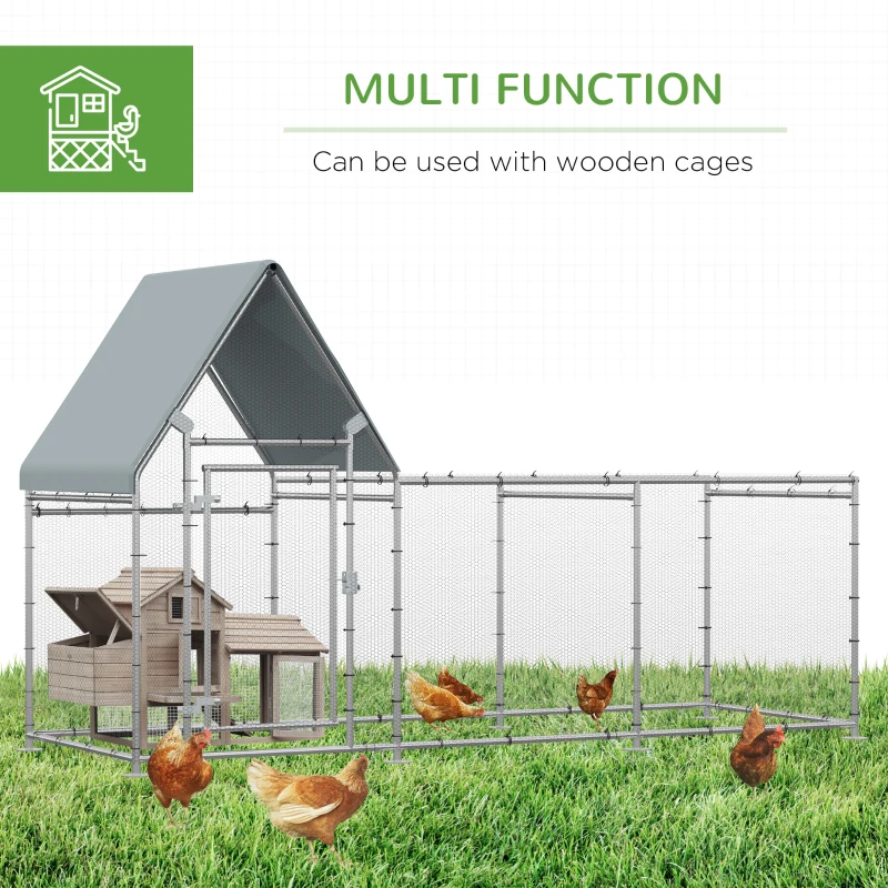 PawHut Walk In Chicken Run, Large Galvanized Chicken Coop Hen House Poultry Coops Cages Rabbit Hutch Metal Enclosure with Water-Resist Cover for Outdoor 302 x 107 x 172cm
