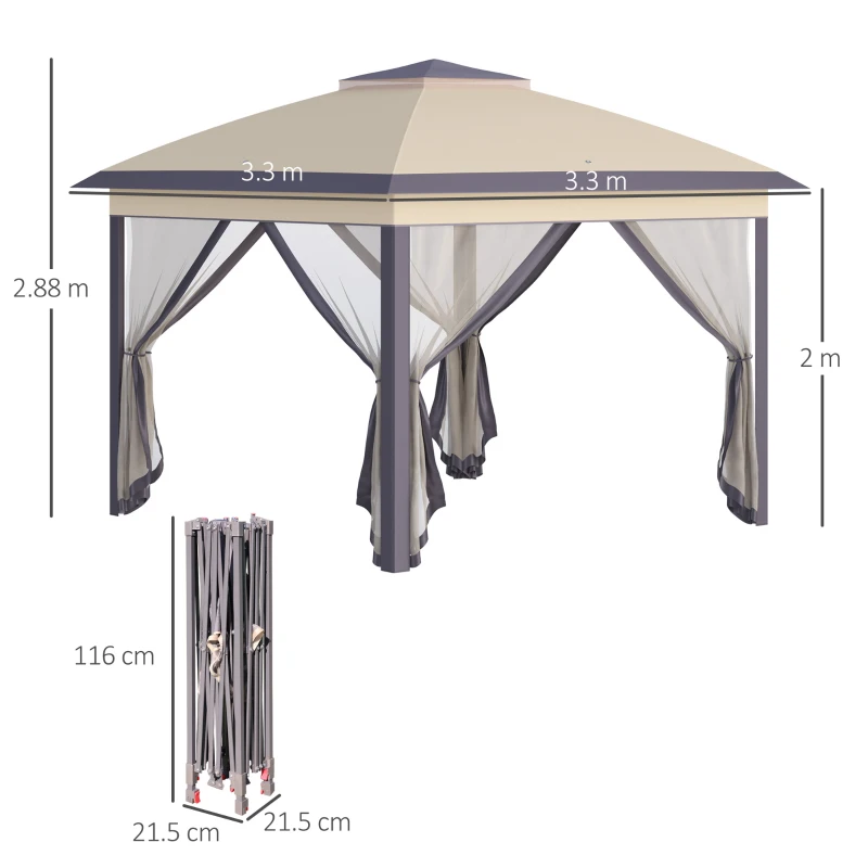 Outsunny 3.3 x 3.3m Pop Up Gazebo Four Sides Double Roof Foldable Canopy Tent Height Adjustable and Carrying Bag, Event Tent for Patio Garden Backyard Steel Beige