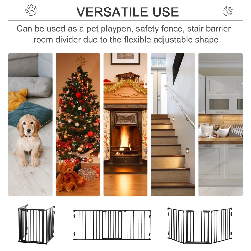 PawHut Pet Safety Gate, 3 Panels Playpen Fireplace, Metal Fence, Stair Barrier, Room Divider w/ Walk-Through Door - Black(m-4)
