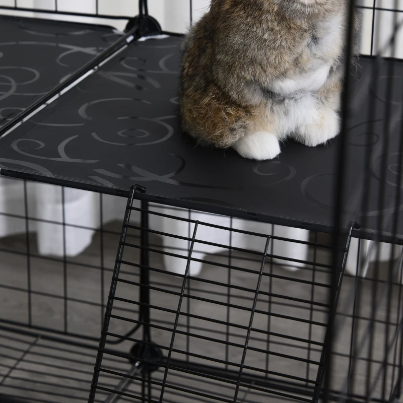 PawHut 3 Level DIY Pet Playpen Metal Small Animal Cage Rabbit Ferret Chinchillas Cage 4 Doors Bottom Trays Black