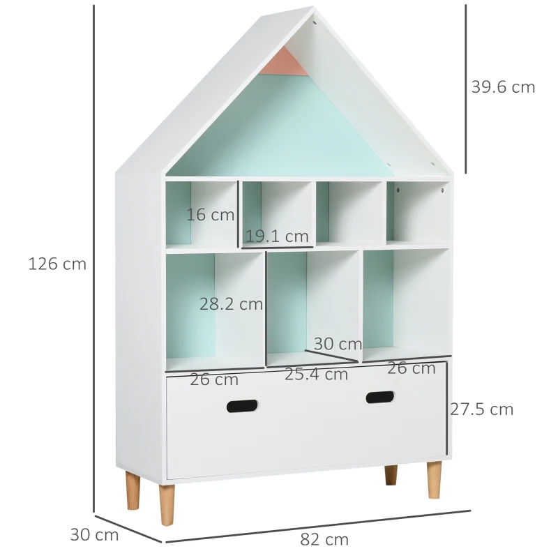 HOMCOM Kids House-Designed Bookshelf, with Drawer – Blue & White