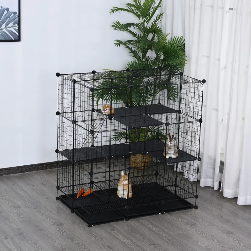 PawHut 3 Level DIY Pet Playpen Metal Small Animal Cage Rabbit Ferret Chinchillas Cage 4 Doors Bottom Trays Black