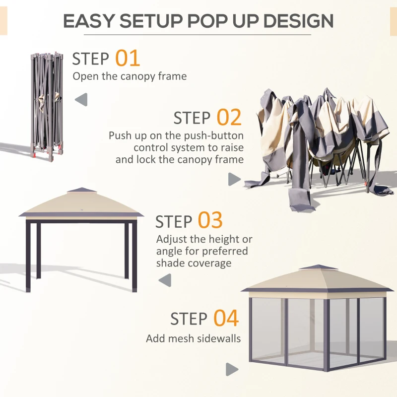 Outsunny 3.3 x 3.3m Pop Up Gazebo Four Sides Double Roof Foldable Canopy Tent Height Adjustable and Carrying Bag, Event Tent for Patio Garden Backyard Steel Beige