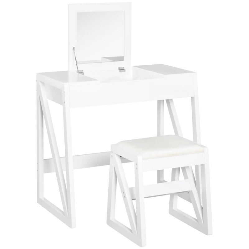HOMCOM Dressing Table Set with Flip Top Mirror and Cushioned Stool, Makeup Vanity Table Writing Desk with Storage Grids for Bedroom, White
