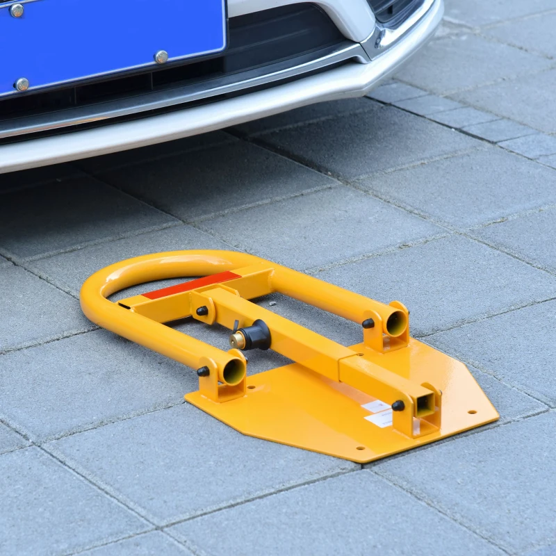 DURHAND Lockable Folding Parking Barrier w/ Red Reflective Sticker 3 Keys Car Parking Space Post Lock Manual Parking Blocker Steel