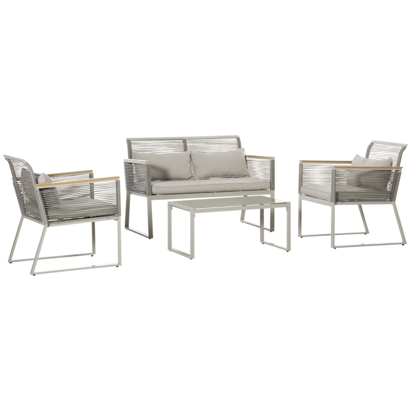 Outsunny 4 Piece Patio Wicker Sofa Set, Outdoor PE Rattan Conservatory Furniture with Cushions, Pillows, and Tempered Glass Table for Backyard, Garden, Grey