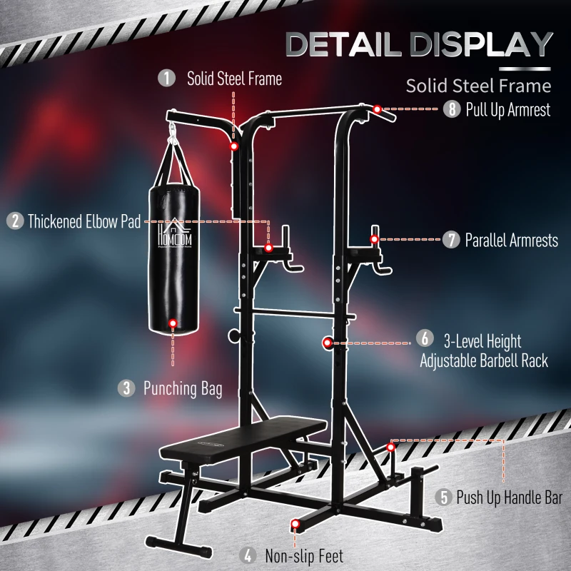 HOMCOM Home Gym Power Tower with Bench and Punching Bag, Multi-Function Adjustable Dip Sit Up Workout Station Equipment Heavy Duty for Home