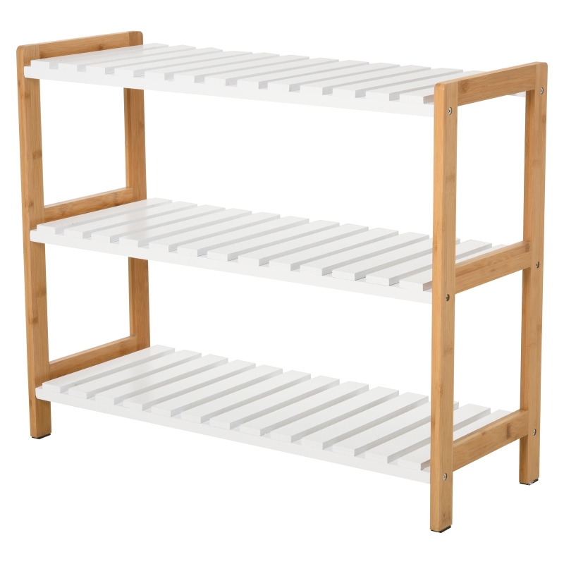 HOMCOM 3-Tier Shoe Rack Wood Frame Slatted Shelves Spacious Open Hygienic Storage Home Hallway Furniture Family Guests 70L x 26W x 57.5H cm - Natural