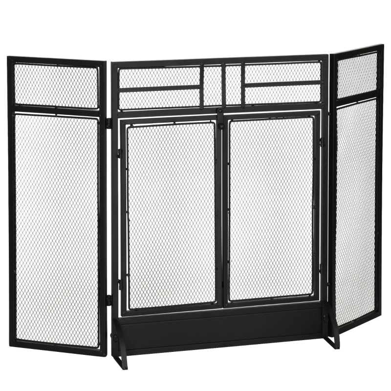 HOMCOM 3-Panel Folding Fireplace Screen with Door, Freestanding Spark Guard, Metal Mesh Fireguard, Black