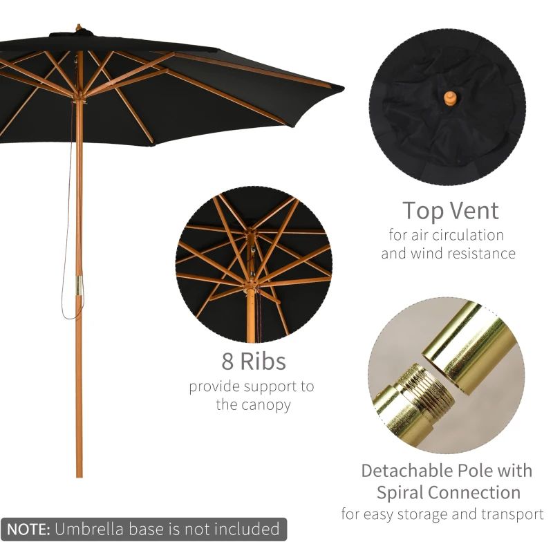 Outsunny 3(m) Fir Wooden Garden Parasol Bamboo Sun Shade Patio Outdoor Umbrella Canopy, Black
