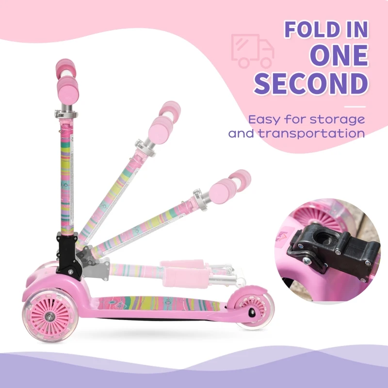 HOMCOM Toddler Scooter, 3 Wheel Scooter, Foldable Adjustable Height LED Flashing Wheels for Boys&Girls 3-8 Years Pink