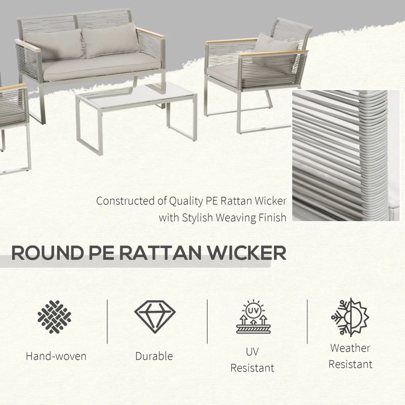 Outsunny 4 Piece Patio Wicker Sofa Set, Outdoor PE Rattan Conservatory Furniture with Cushions, Pillows, and Tempered Glass Table for Backyard, Garden, Grey