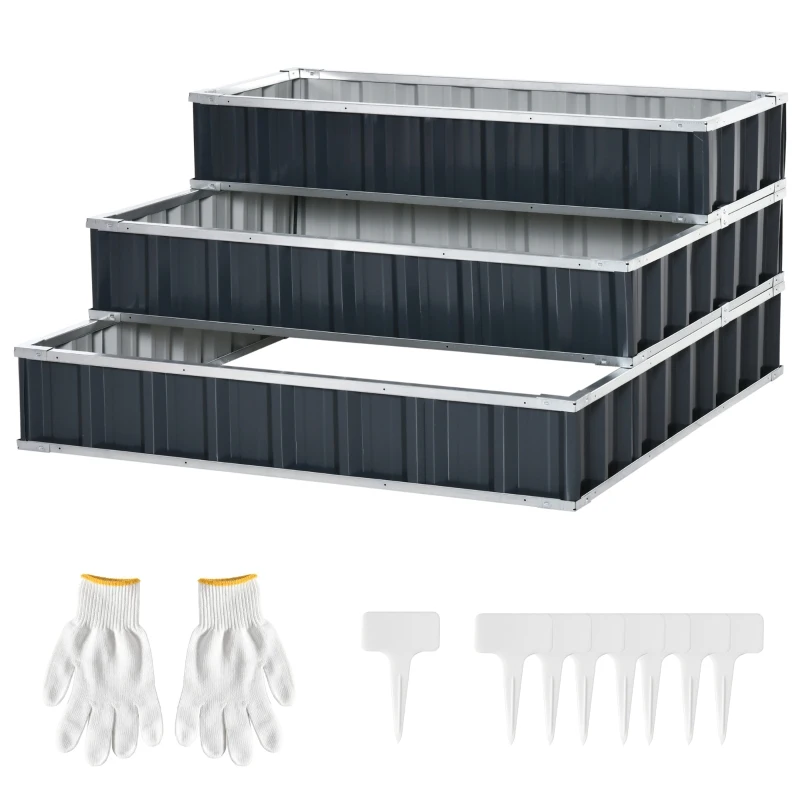Outsunny 118cm x 118cm x 62cm 3 Tier Raised Garden Bed, Metal Elevated Planer Box Kit Flower Pot w/ A Pairs of Glove for Backyard, Patio to Grow Vegetables, Herbs, and Flowers, Grey
