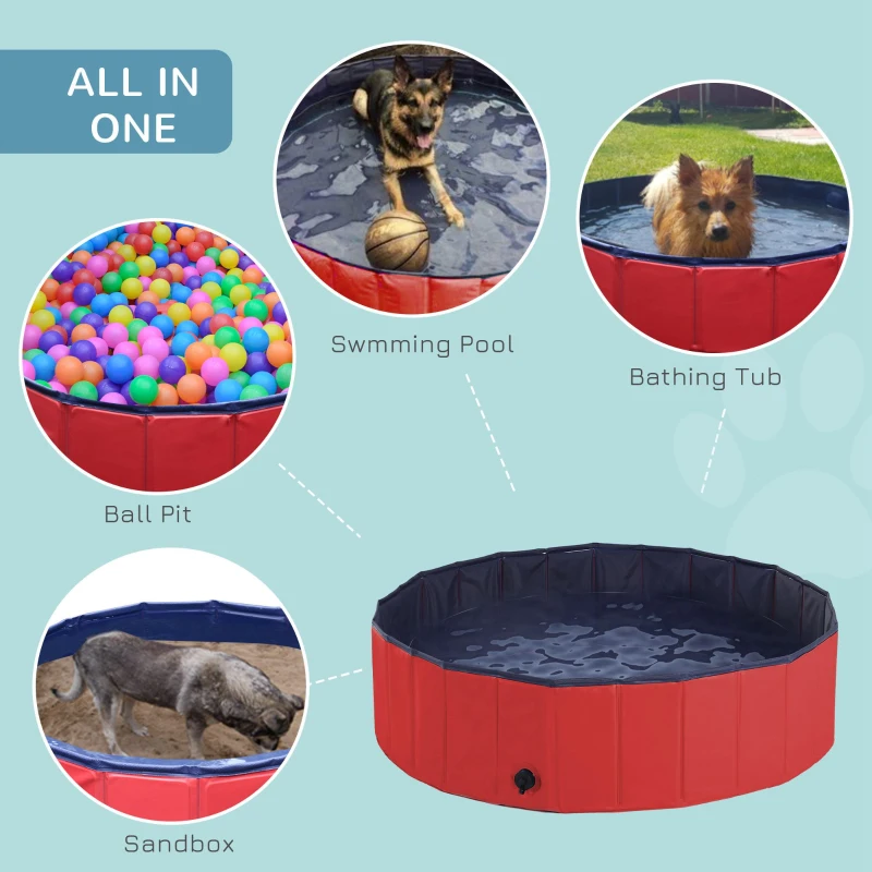 PawHut Foldable Dog Paddling Pool Pet Cat Swimming Pool Indoor/Outdoor Collapsible Summer Bathing Tub Shower Tub Puppy Washer (Φ120 × 30H cm, Red)