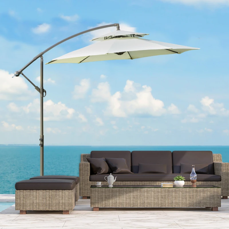 Outsunny 2.7m Garden Banana Parasol Cantilever Umbrella with Crank Handle, Double Tier Canopy and Cross Base for Outdoor, Hanging Sun Shade, Beige