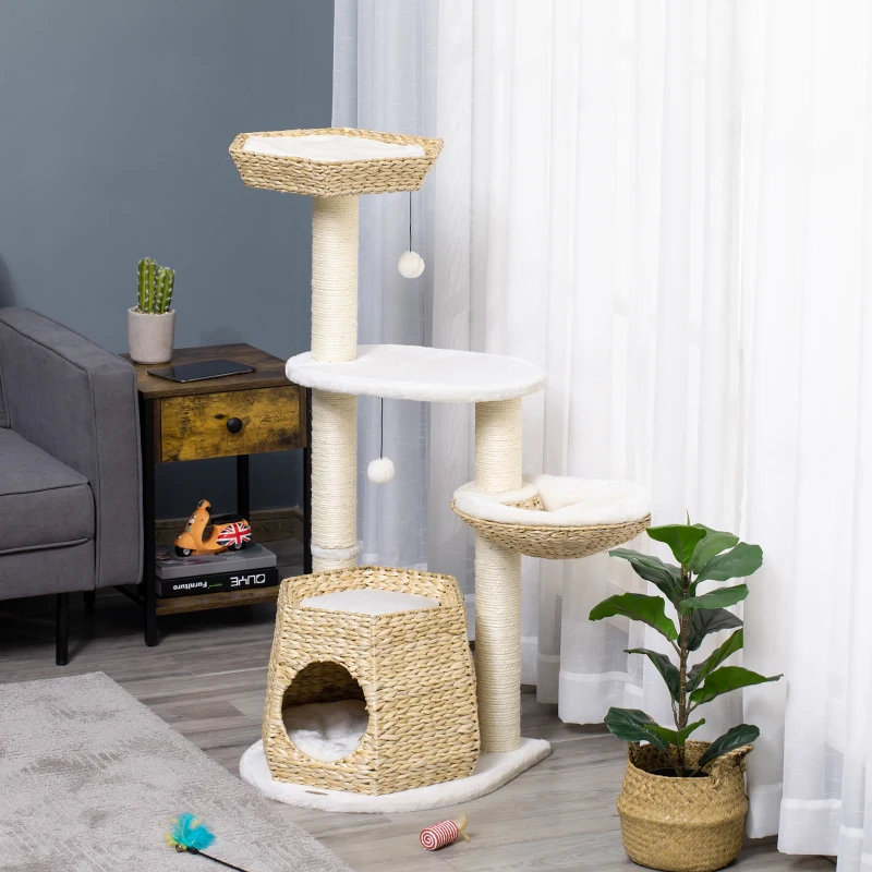 PawHut Cat Tree Tower Climbing Activity Center Kitten Furniture with Cattail Fluff Bed Condo Sisal Scratching Post Hanging Ball 50 x 50 x 119cm Natural