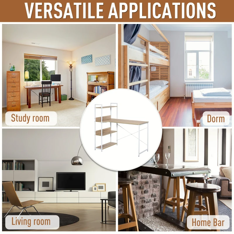 HOMCOM Retro Industrial Computer Desk Home Office Table with 4-Tier Storage Shelf Metal Frame Computer Workstation for Home Office, Oak