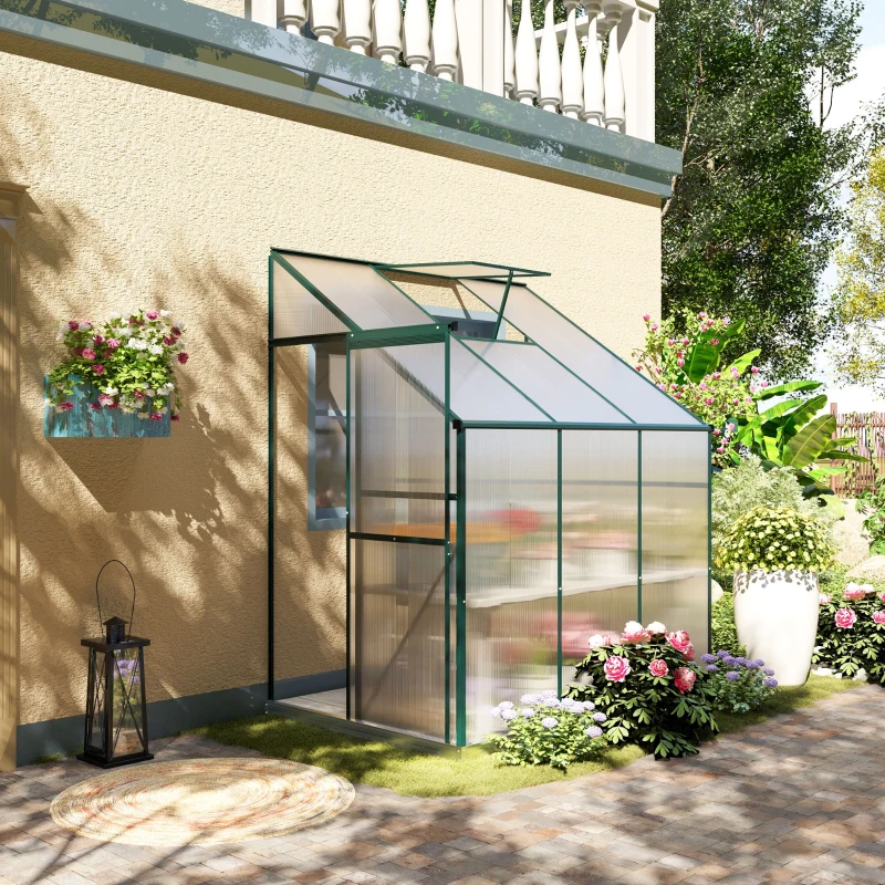 Outsunny Walk-In Lean to Greenhouse Garden Heavy Duty Aluminium Polycarbonate with Roof Vent for Plants Herbs Vegetables, Green, 6 x 4ft