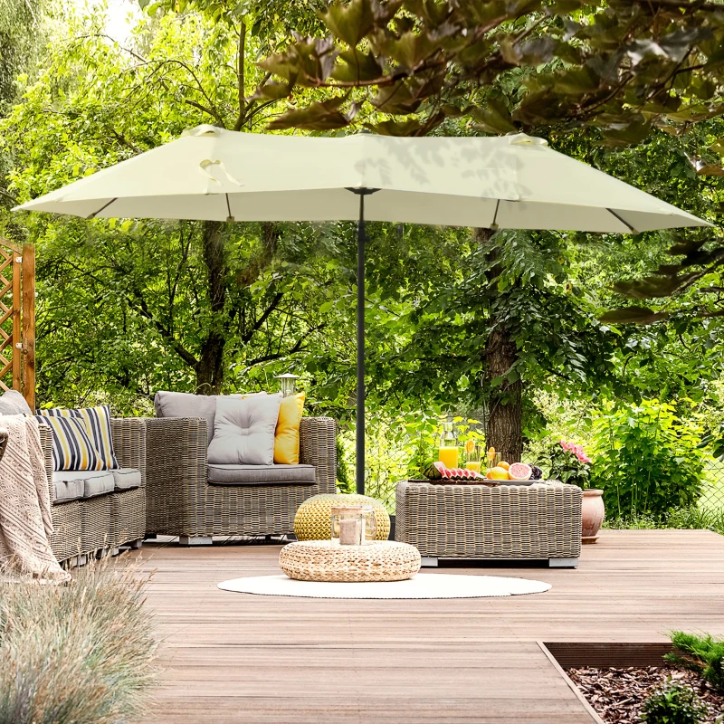 Outsunny Double Parasol Patio Umbrella Garden Sun Shade w/ Steel Pole 12 Support Ribs Crank Handle Easy Lift Twin Canopy - Beige