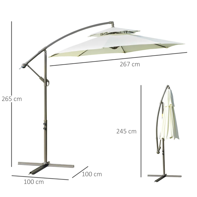 Outsunny 2.7m Garden Banana Parasol Cantilever Umbrella with Crank Handle, Double Tier Canopy and Cross Base for Outdoor, Hanging Sun Shade, Beige