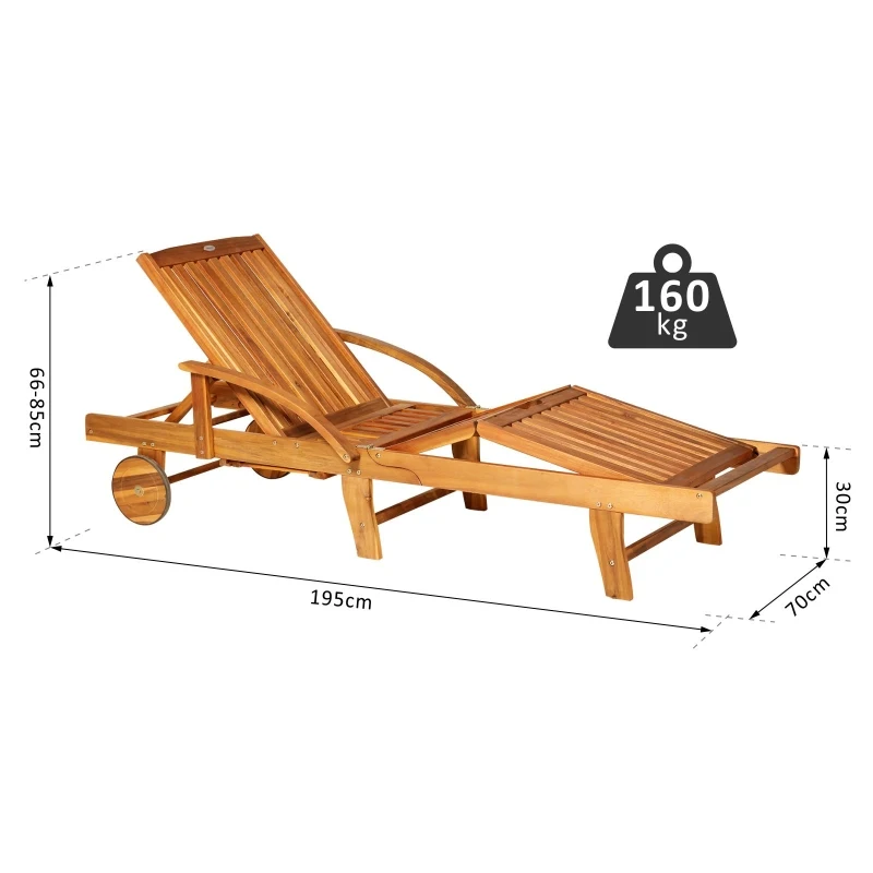 Outsunny Folding Wooden Sun Lounger, 4-Level Adjustable Garden Lounger Recliner with Side Tray and Wheels, Outdoor Reclining Sunbed with Slatted Seat and Armrests for Patio, Terrace, Teak
