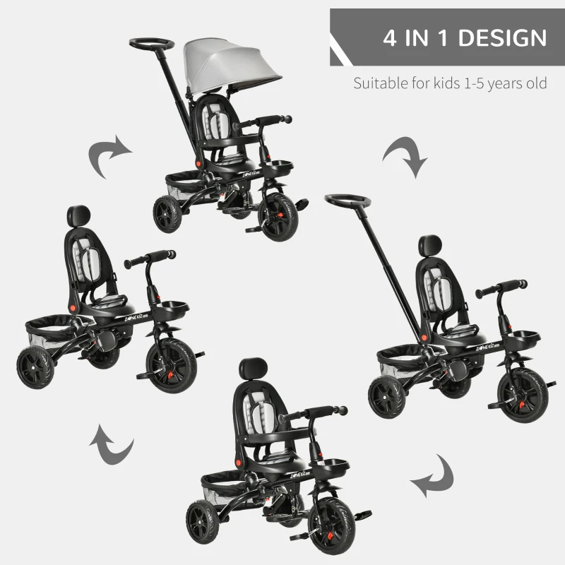 HOMCOM 4 in 1 Kids Trike Toddler Foldable Pedal Tricycle w/ Reversible Angle Adjustable Seat Removable Handle Canopy Belt Brake - Grey