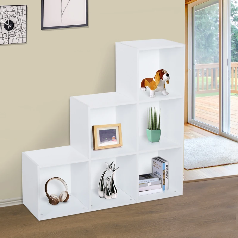 HOMCOM 3-tier Step 6 Cubes Storage Unit Particle Board Cabinet Bookcase Organiser Home Office Shelves - White
