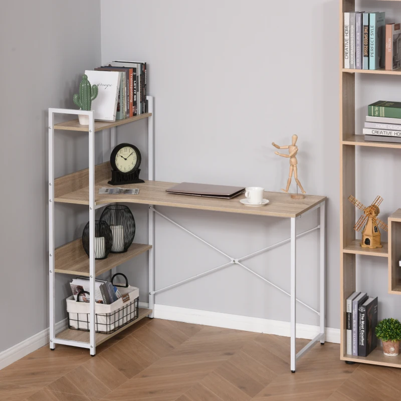 HOMCOM Retro Industrial Computer Desk Home Office Table with 4-Tier Storage Shelf Metal Frame Computer Workstation for Home Office, Oak