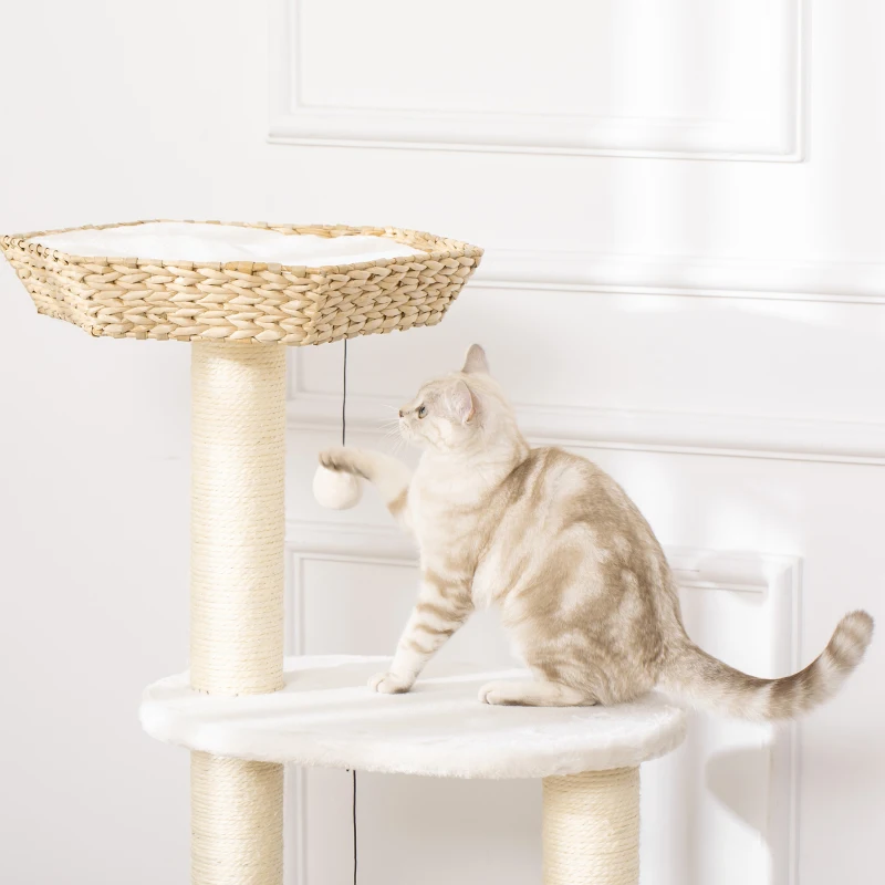 PawHut Cat Tree Tower Climbing Activity Center Kitten Furniture with Cattail Fluff Bed Condo Sisal Scratching Post Hanging Ball 50 x 50 x 119cm Natural