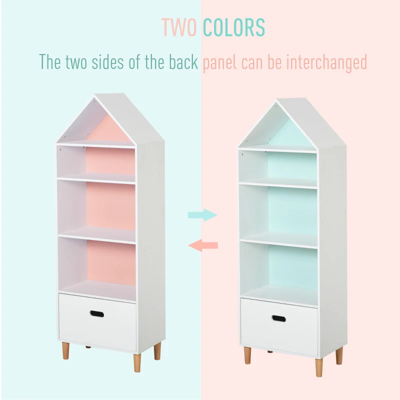 HOMCOM Kids Children Cabinet Wooden Bookcase w/Drawer Bedroom Bookshelf Storage Rack Toys Games Organisation Pink Blue Back