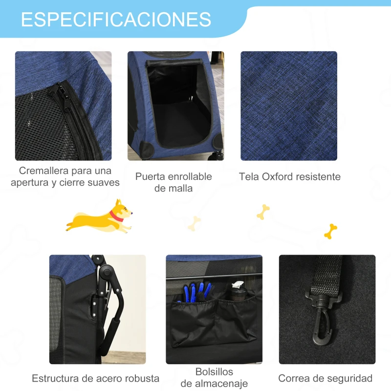 PawHut Cochecito para Mascotas Carrito para Perro Gatos 4 Ventanas Transpirables Buena Ventilación Puerta Grande Cojín Extraíble 98x82x110 cm Azul