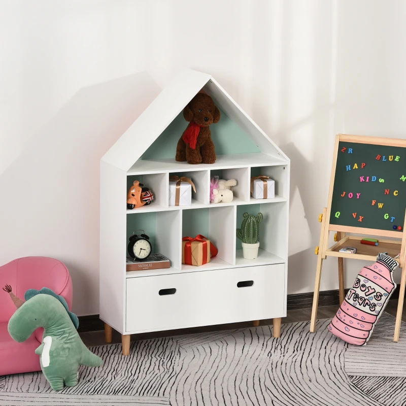 HOMCOM Kids House-Designed Bookshelf, with Drawer – Blue & White