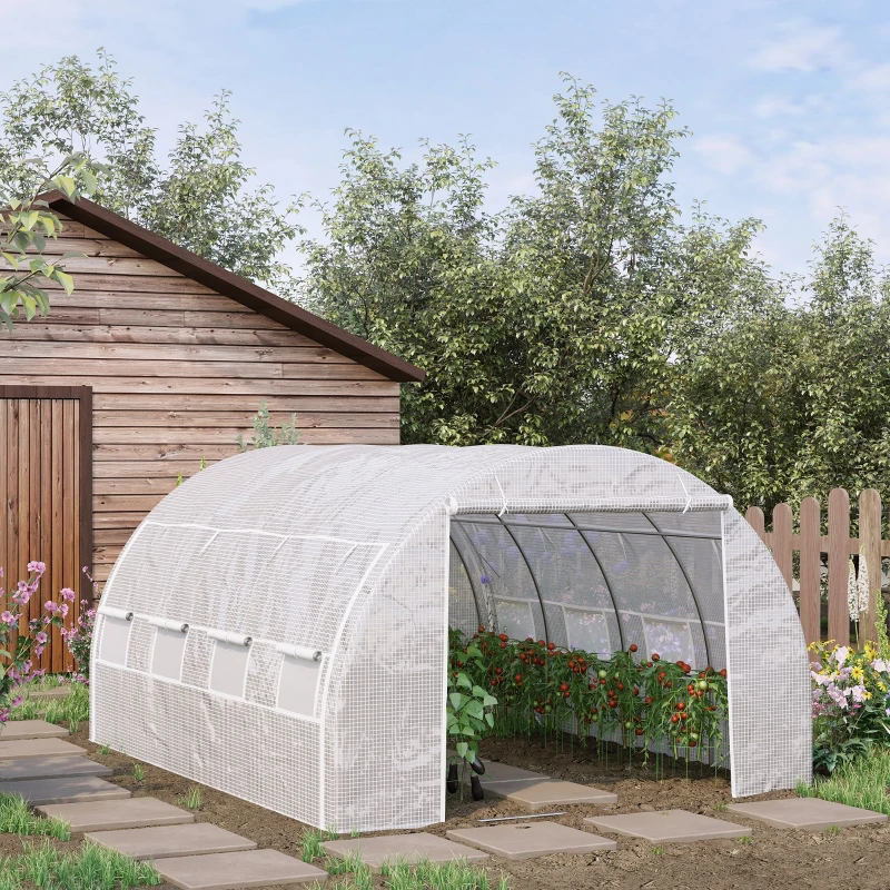 Outsunny 4 x 3 x 2 m Polytunnel Greenhouse, W/ Steel Frame Reinforced Cover Zippered Door&8 Windows White