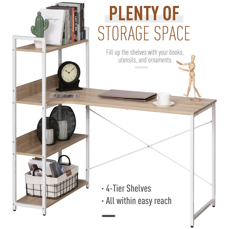 HOMCOM Retro Industrial Computer Desk Home Office Table with 4-Tier Storage Shelf Metal Frame Computer Workstation for Home Office, Oak