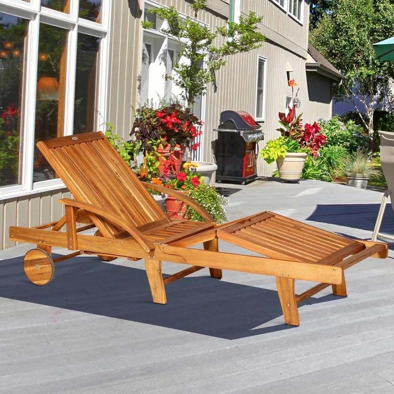 Outsunny Folding Wooden Sun Lounger, 4-Level Adjustable Garden Lounger Recliner with Side Tray and Wheels, Outdoor Reclining Sunbed with Slatted Seat and Armrests for Patio, Terrace, Teak