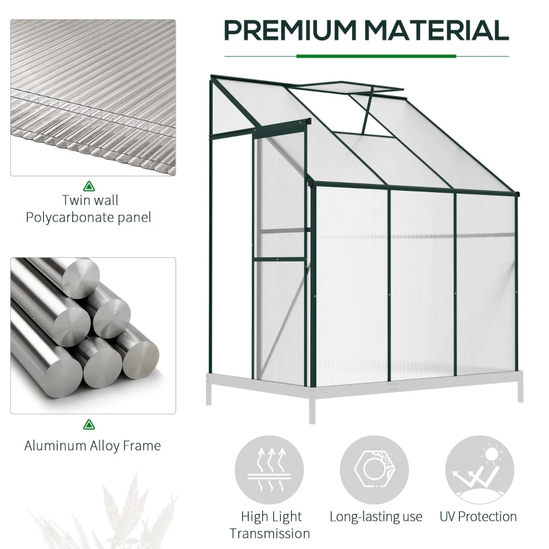 Outsunny Walk-In Lean to Greenhouse Garden Heavy Duty Aluminium Polycarbonate with Roof Vent for Plants Herbs Vegetables, Green, 6 x 4ft