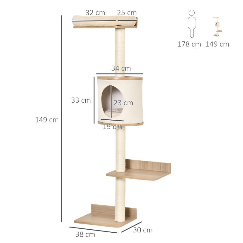 PawHut Cat Tree Wall-Mounted Shelf Shelter Kitten Perch Climber Furniture w/ Condo Bed Scratching Post – Light Brown