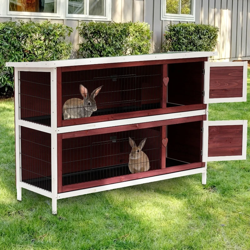 PawHut Rabbit Hutch Outdoor 2-Tier Guinea Pig Cage Bunny House Cage with No-Leak Trays for Indoor and Outdoor, 136 x 50 x 93cm